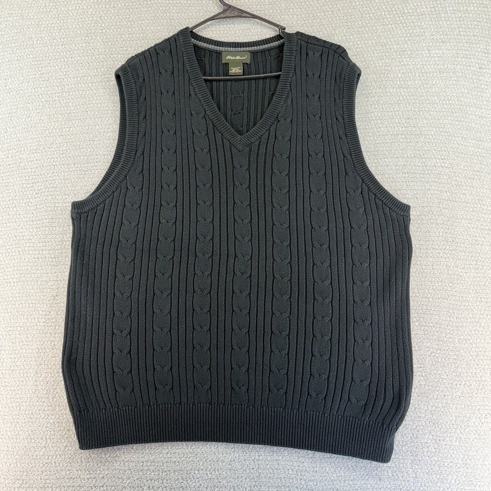 Vintage Eddie Bauer Sweater Vest Mens Large Black Cable Knit V-Neck Preppy